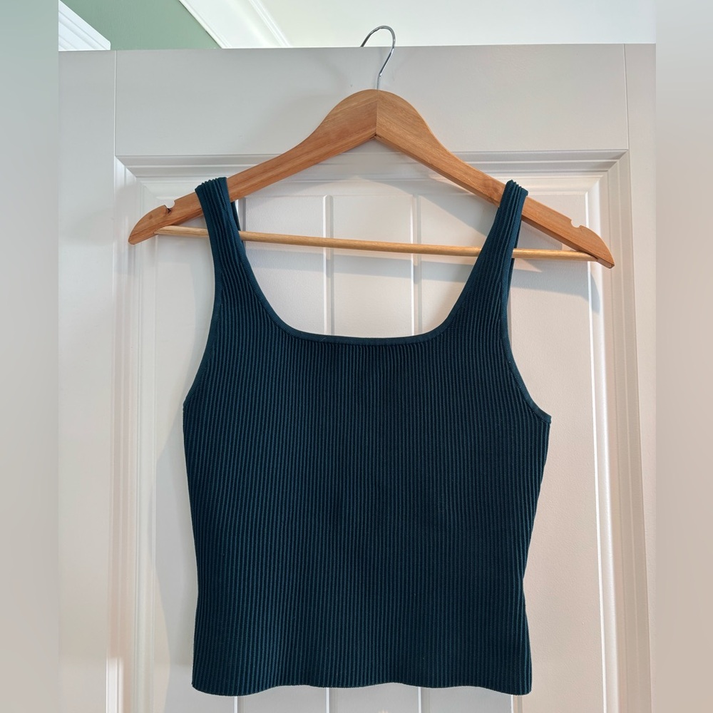 Babaton Ribbed Square-Neck Tank Top in Teal Blue